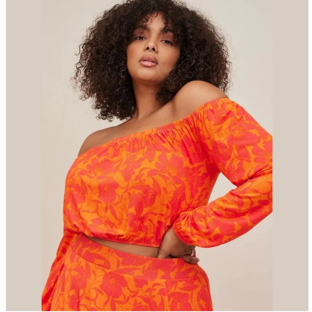 NWT Orange 3X Floral Super Soft Collection Off of The Shoulder Crop Top